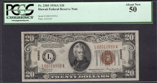 1934A $20 Hawaii Federal Reserve Note PCGS 50 Fr.2305 Item #59042961