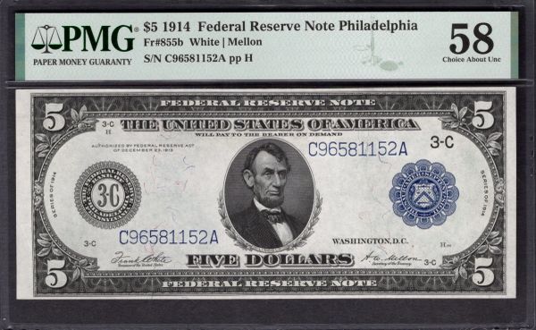 1914 $5 Philadelphia FRN PMG 58 Fr.855b Item #1994110-005