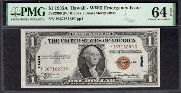 1935A $1 Hawaii Silver Certificate PMG 64 EPQ Fr.2300 Item #2078738-020