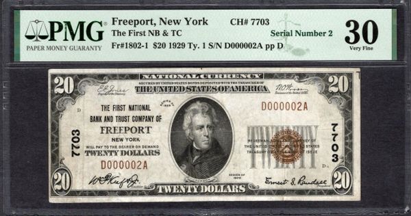 1929 $20 First NB & TC of Freeport New York PMG 30 Fr.1802-1 Single Digit Serial Number 2 CH#7703 Item #2513147-026