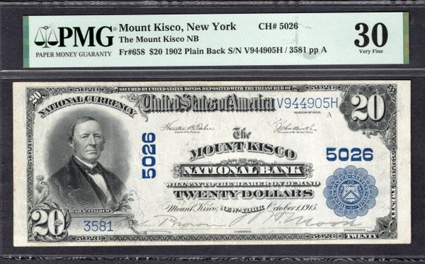 1902 $20 Mount Kisco National Bank New York PMG 30 Fr.658 CH#5026 Item #2020165-013