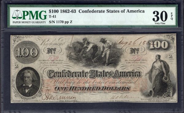 1862-1863 $100 T-41 Confederate Currency PMG 30 EPQ Fully Handwritten Date Variation Item #5010640-012