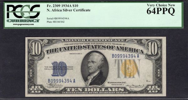 1934A $10 N. Africa Silver Certificate PCGS 64 PPQ Fr.2309 Item #59036902