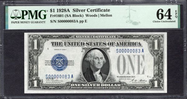 1928 $1 Silver Certificate PMG 64 EPQ Fr.1601 Low Two Digit Serial Number Item #8084694-041
