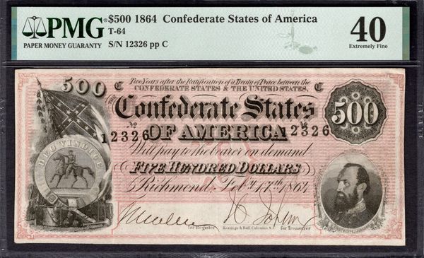 1864 $500 T-64 Confederate Currency PMG 40 General Stonewall Jackson Item #1994210-001