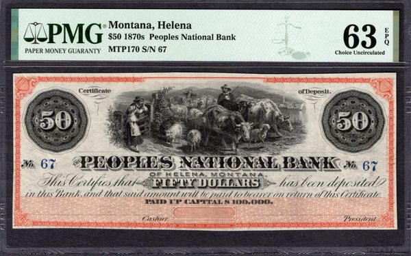 1870s $50 Peoples National Bank Helena Montana PMG 63 EPQ Item #8071949-018