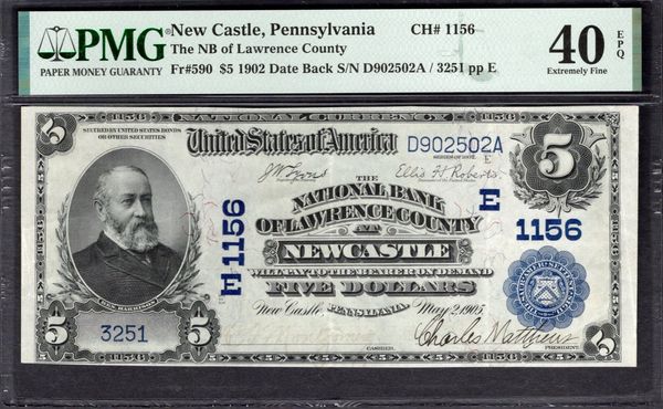 1902 $5 National Bank of Lawrence County New Castle Pennsylvania PMG 40 EPQ Fr.590 CH#1156 Item #2081197-015