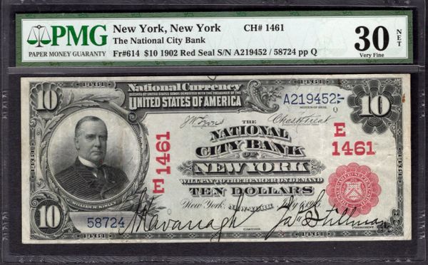 1902 $10 National City Bank of New York Red Seal PMG 30 NET Fr.614 CH#1461 Item #1626004-007