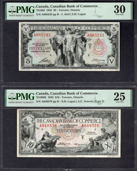 Lot of Two 1935 Canada, Bank of Commerce Toronto Ontario PMG 25 & PMG 30 Item #2002033-003/004
