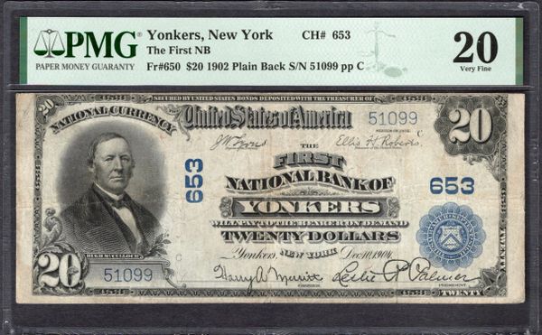 1902 $20 First National Bank Yonkers New York PMG 20 Fr.650 CH#653 Item #2021449-016