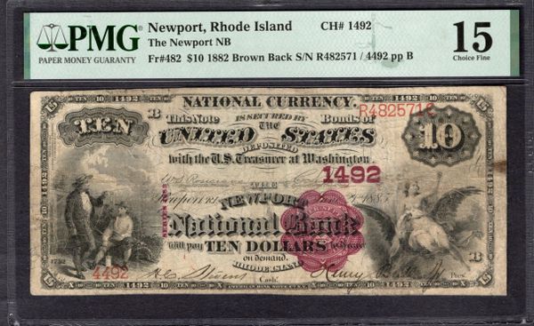 1882 $10 Newport National Bank Rhode Island PMG 15 Fr.482 CH#1492 Item #2021477-004