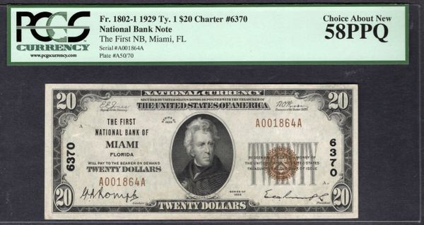 1929 $20 The First National Bank of Miami Florida PCGS 58 PPQ Fr.1802-1 CH#6370 Item #80494008