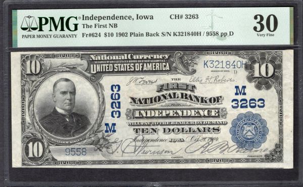 1902 $10 First National Bank Independence Iowa PMG 30 Fr.624 CH#3263 Item #1994568-006