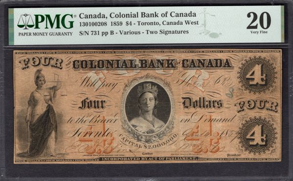 1859 $4 Colonial Bank of Canada, Toronto PMG 20 Cat. #130100208 Item #2002374-001