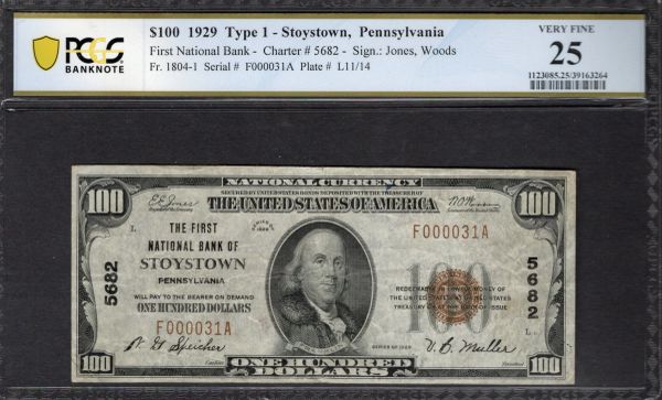 1929 $100 First National Bank Stoystown Pennsylvania PCGS 25 Fr.1804-1 CH#5682 Item #39163264