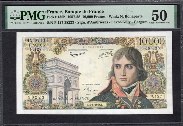 1957-1958 France, Banque de France PMG 50 Pick #136b Napoleon Bonaparte Item #2001847-002