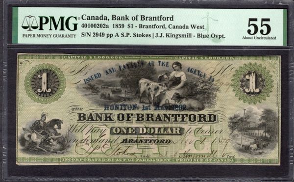 1859 $1 Canada, Bank of Brantford, Canada West PMG 55 Cat.40100202a Item #2001369-016