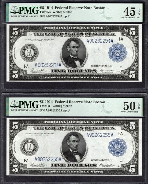 Lot of Two Consecutive 1914 $5 Boston FRNs PMG 45 EPQ / 50 EPQ Item #1994380-001/002