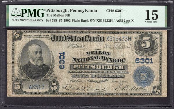 1902 $5 Mellon National Bank Pittsburgh Pennsylvania PMG 15 Fr.598 CH#6301 Item #2024197-047
