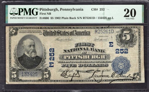 1902 $5 First National Bank Pittsburgh Pennsylvania PMG 20 Fr.606 CH#252 Item #2024197-043