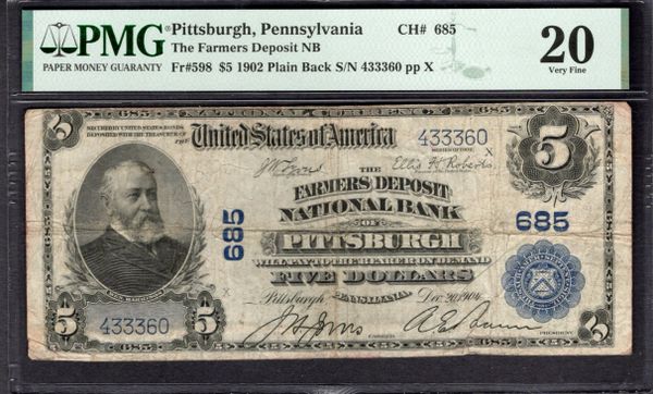 1902 $5 Farmers Deposit National Bank Pittsburgh Pennsylvania PMG 20 Fr.598 CH#685 Item #2024197-045