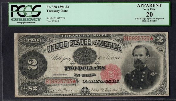1891 $2 Treasury McPherson Note PCGS 20 APPARENT Fr.358 Item #80309676