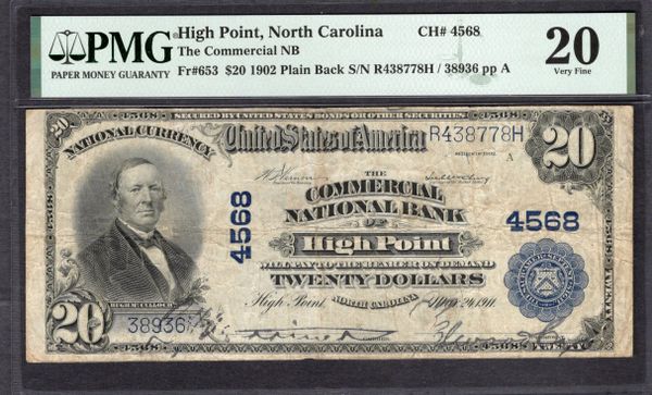 1902 $20 Commercial National Bank High Point North Carolina PMG 20 Fr.653 CH#4568 Item #1994510-008