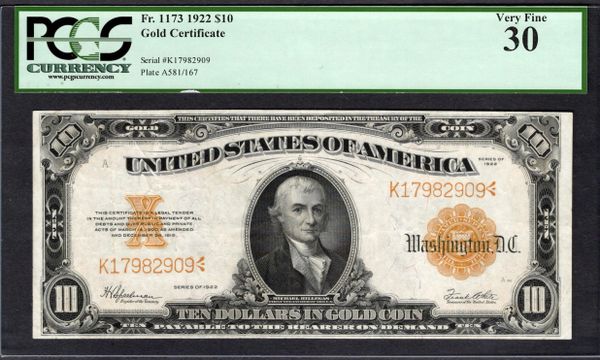 1922 $10 Gold Certificate PCGS 30 Fr.1173 Item #80818037