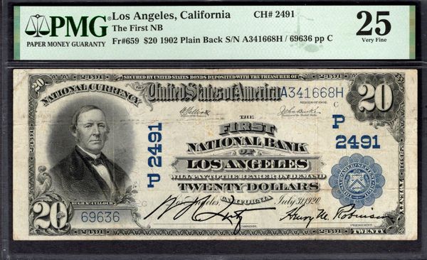 1902 $20 First National Bank Los Angeles California PMG 25 Fr.659 CH#2491 Item #1994863-007