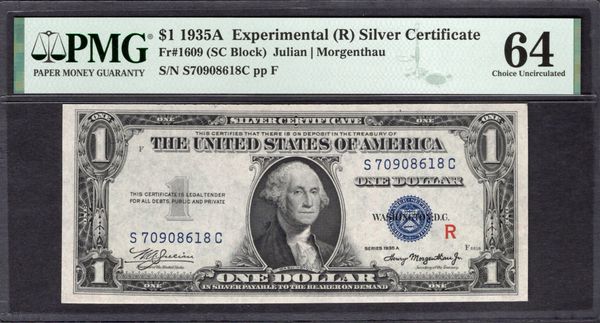 1935A $1 Experimental R Silver Certificate PMG 64 Fr.1609 Item #1994652-004