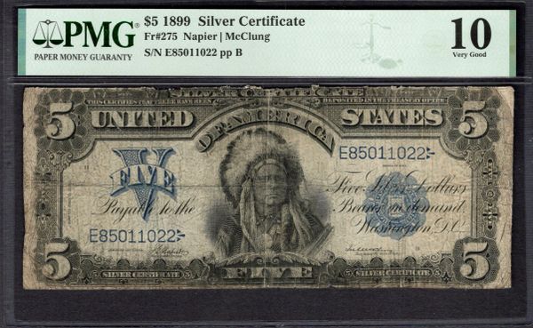 1899 $5 Silver Certificate Indian Chief Note PMG 10 Fr.275 Item #1994848-002