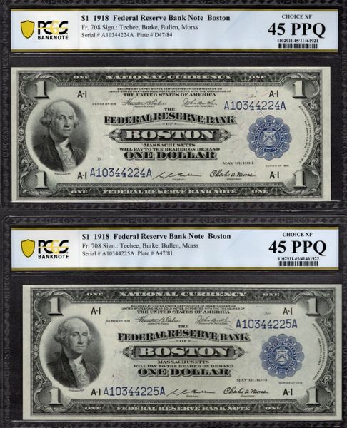 Lot of Two Consecutive 1918 $1 Boston FRBNs PCGS 45 PPQ Fr.708 item #41461921/22