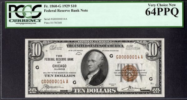 1929 $10 Chicago FRBN PCGS 64 PPQ Fr.1860-G Low Two Digit Serial Number Item #80835188