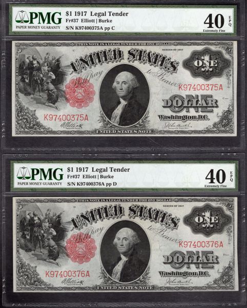 Lot of Two Consecutive 1917 $1 Legal Tender PMG 40 EPQ Fr.37 Item #1620434-025/026