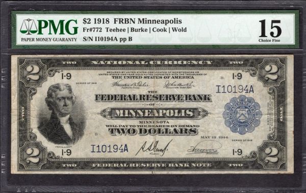 1918 $2 Minneapolis FRBN Battleship Note PMG 15 Fr.772 Item #5004939-016