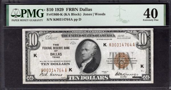 1929 $10 Dallas FRBN PMG 40 Fr.1860-K Series Key Note Item #8088812-007