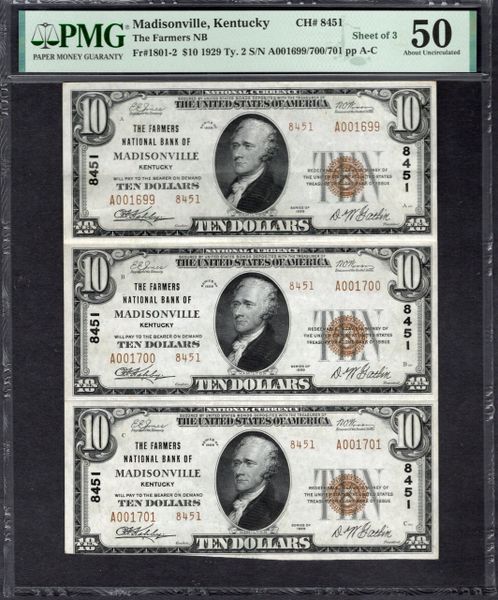 Uncut Sheet of Three 1929 $10 Farmers National Bank Madisonville Kentucky PMG 50 Fr.1801-2 CH#8451 Item #1995030-009