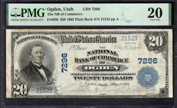 1902 $20 National Bank of Commerce Ogden Utah PMG 20 Fr.650 CH#7296 Item #1993044-018