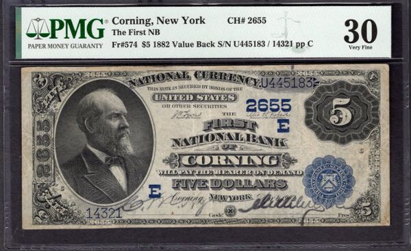 1882 $5 First National Bank of Corning New York PMG 30 Fr.574 CH#2655 Item #8081408-050