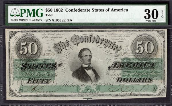 1862 $50 T-50 Confederate Currency PMG 30 EPQ Item #5014582-008