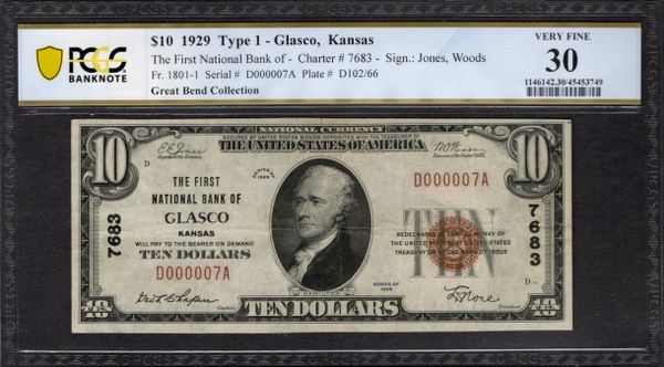 1929 $10 First NB Glasco Kansas PCGS 30 DETAILS Fr.1801-1 CH#7683 Serial Number 7 Item #45453749