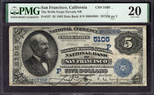 1882 $5 Wells Fargo Nevada National Bank San Francisco California PMG 20 Fr.537 CH#5105 Item #2017723-001