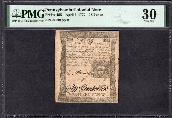 1772 Pennsylvania Colonial Currency PMG 30 PA-155 18 Pence Item #1994390-001