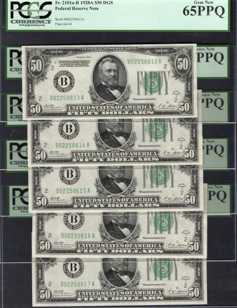 Lot of Five Consecutive 1928A $50 New York FRNs PCGS 65,63,64,63,64 PPQ Fr.2101a-B Item #5910990-94
