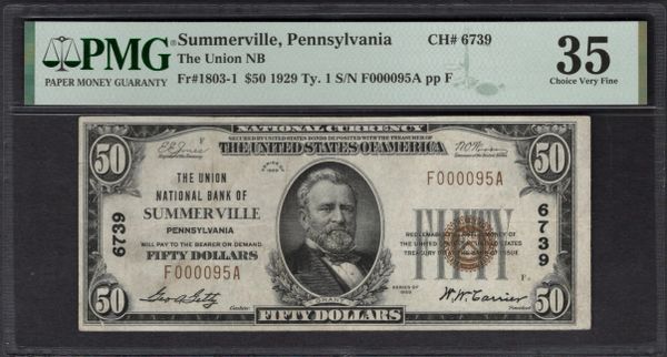 1929 $50 The Union National Bank Summerville Pennsylvania PMG 35 Fr.1803-1 CH#6739 Item #1994381-006