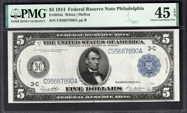 1914 $5 Philadelphia FRN PMG 45 EPQ Fr.855a Item #2024324-002