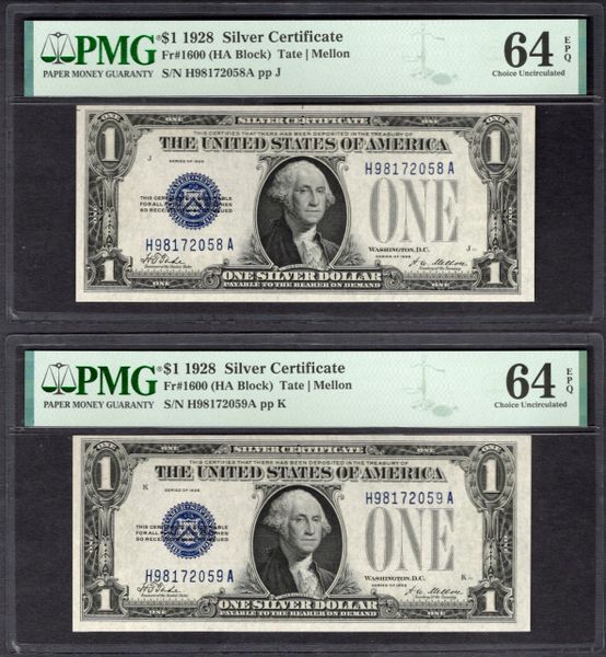 Lot of Two Consecutive 1928 $1 Silver Certificates PMG 64 EPQ Fr.1600 Item #1995129-006/007
