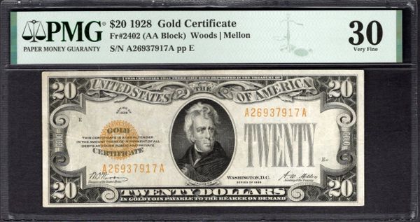 1928 $20 Gold Certificate PMG 30 Fr.2402 Item #2024324-007