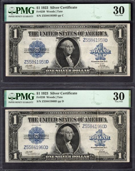 Lot of Two Consecutive 1923 $1 Silver Certificates PMG 30 Fr.239 Series Key Notes Item #1995327-003/004