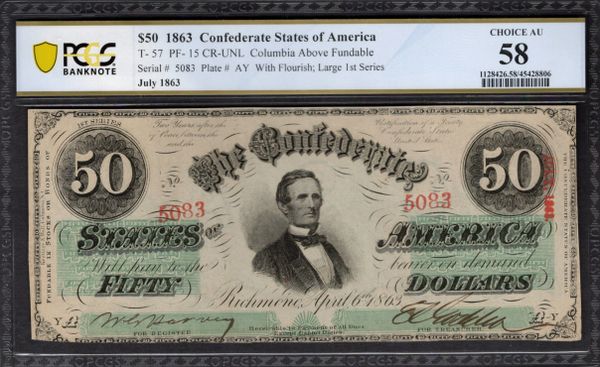 1863 $50 T-57 Confederate Currency PCGS 58 Item #45428806